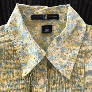 Gap Green Floral Pleated Shirt S Button Up Long Sleeve
